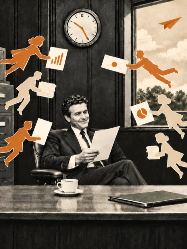 Collage: derselbe Mitarbeiter entspannt am aufgeräumten Schreibtisch, KI-Helfer erledigen die Arbeit