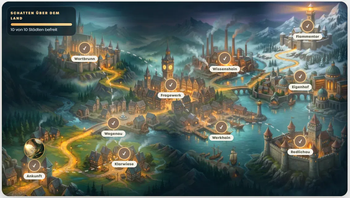 Screenshot der Lernplattform: Lernreise als Landkarte mit zehn Stationen